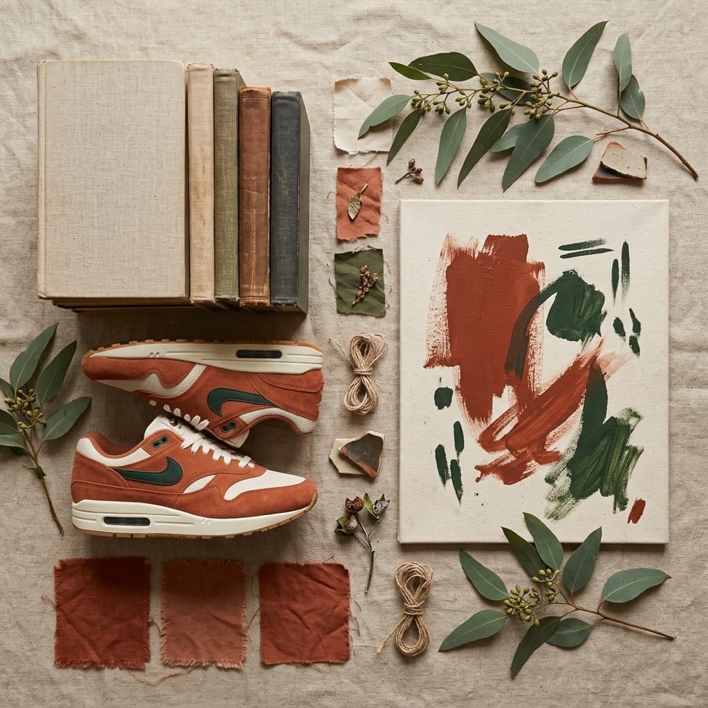 Moodboard with blank linen-bound vintage books, Nike Air Max 1 sneakers in terracotta and forest green, fabric swatches, and brushstrokes