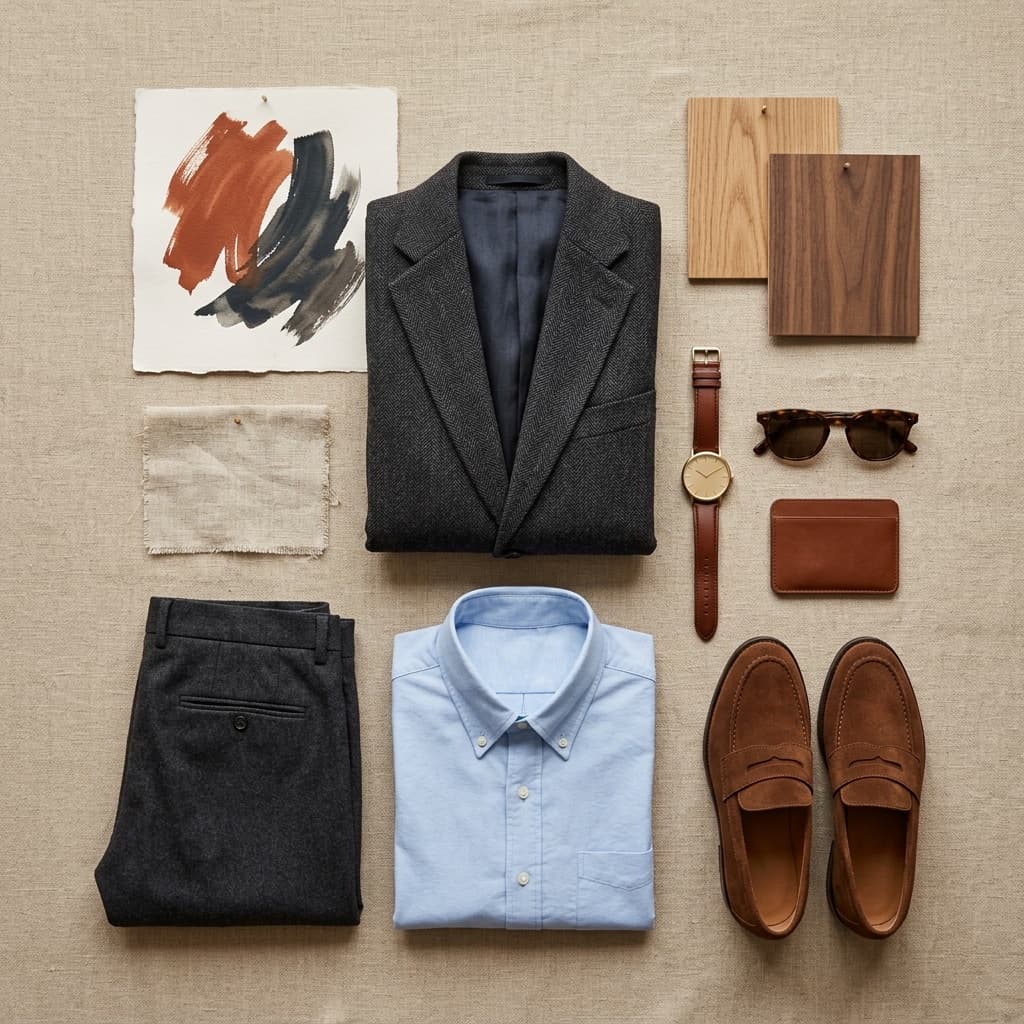 Men's business casual quiet luxury moodboard with tailored wool blazer, oxford shirt, suede loafers, and minimalist watch without text