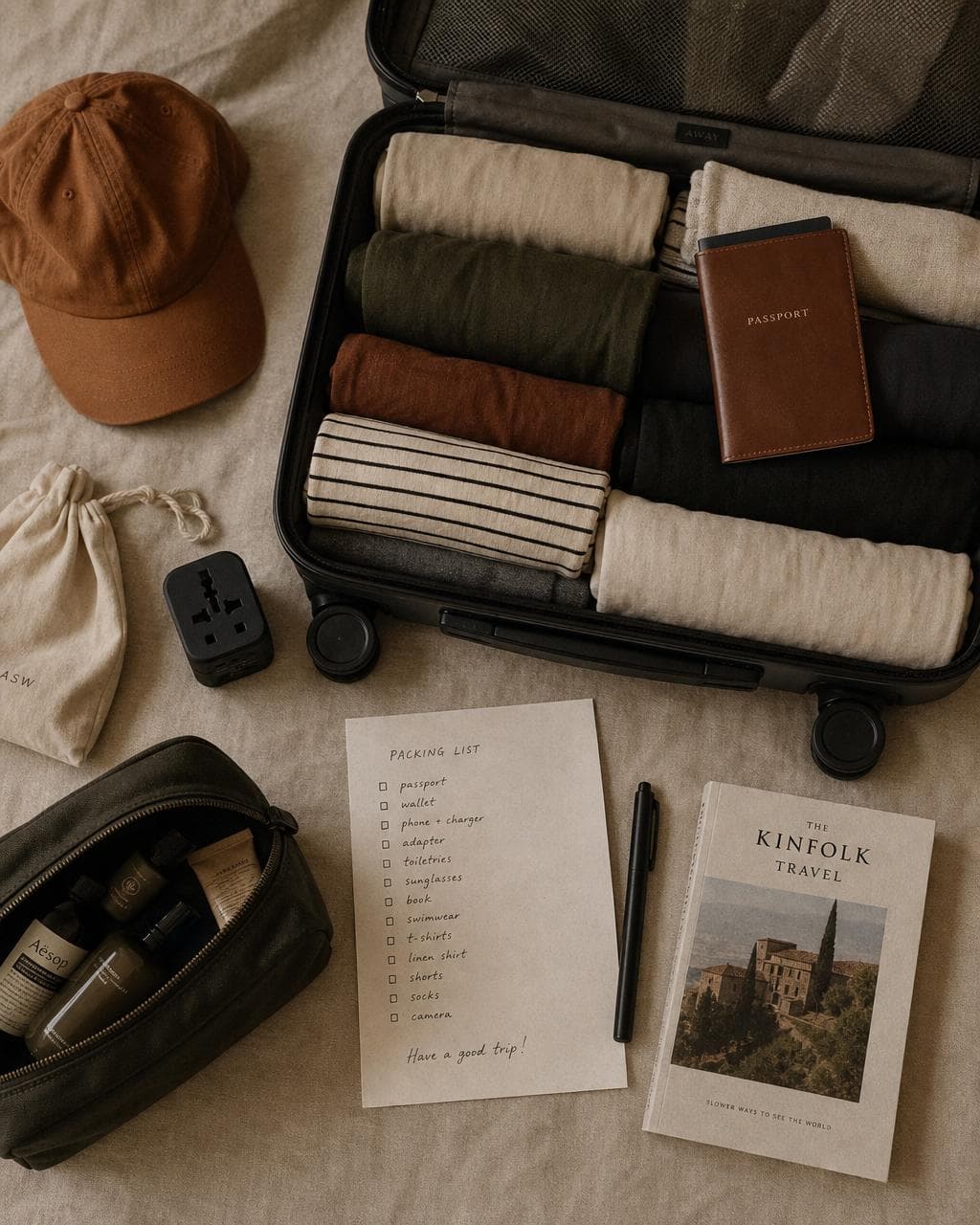 Travel packing editorial moodboard